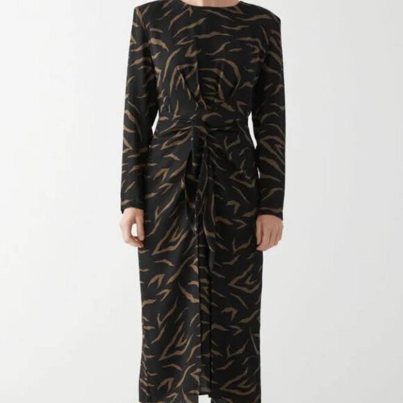 & Other Stories Long Sleeve Midi Animal Print Dress with Waist Tie -Size 2- NWT - Picture 1 of 8